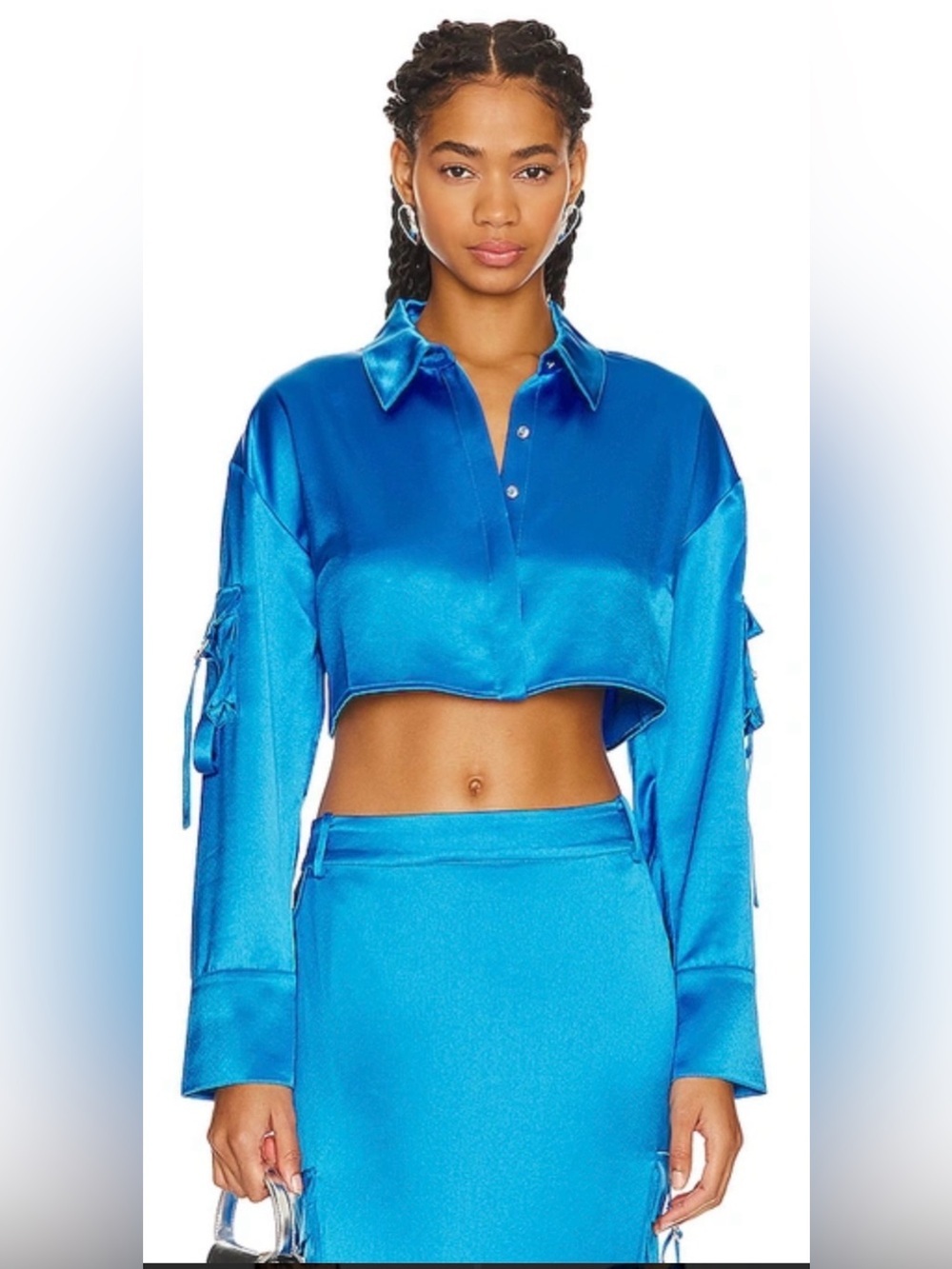 Retrofête Gaia Cropped Satin Top Blue Cargo Sleeve Size M